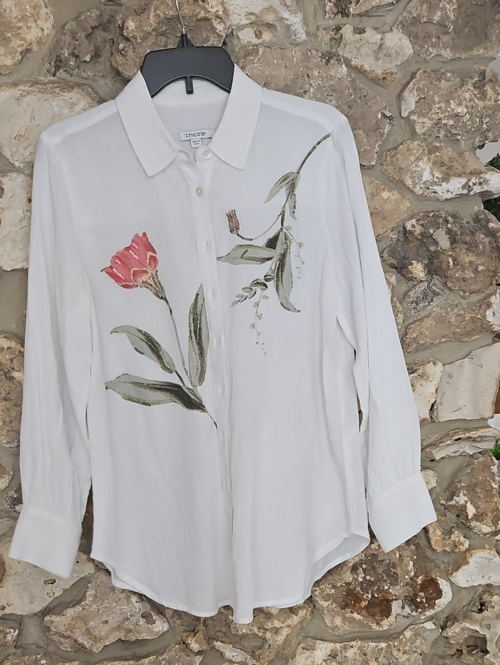 Chico's White Floral Button-Front Blouse with Pink Flower